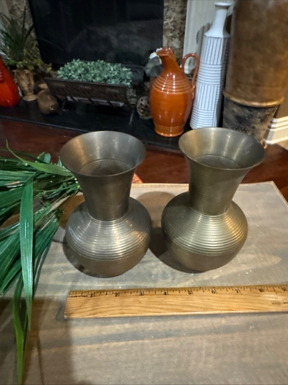Set Of 2 Vintage Solid Brass Vases With Ribbed Texture, 6 x 3 x 2.5 inches. - Picture 4 of 5